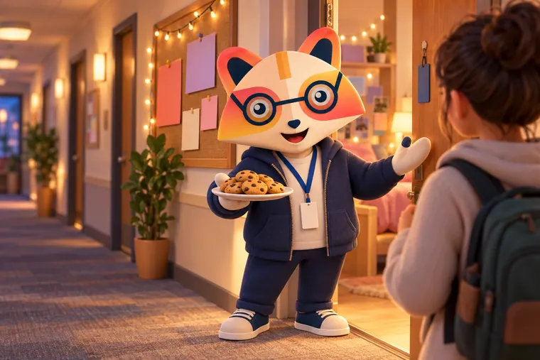 The Huru mascot in a navy hoodie and lanyard welcoming a new student at a residence hall door with a plate of cookies