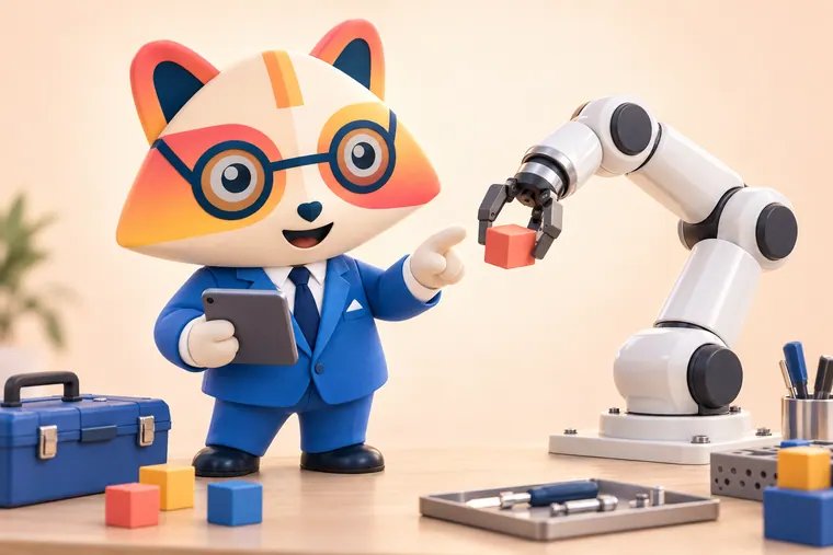 The Huru mascot holding a tablet and pointing at a white robotic arm on a workbench gripping a small coral cube