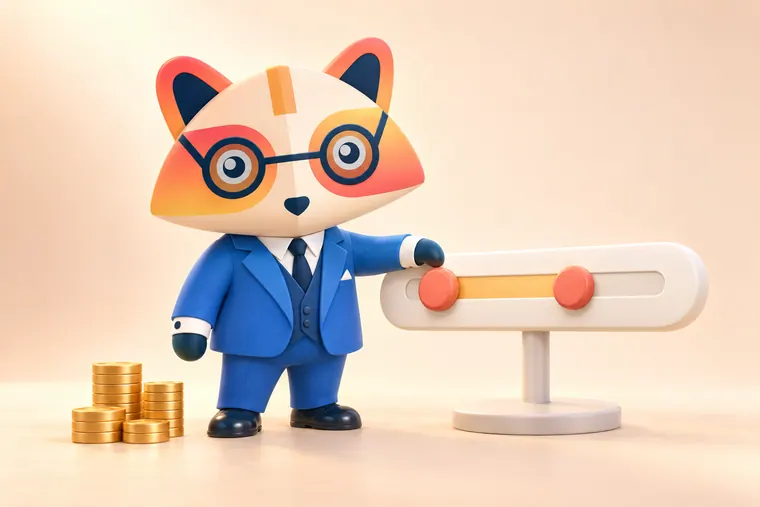 The Huru mascot adjusting one handle of a large range slider with a highlighted section, beside a stack of gold coins