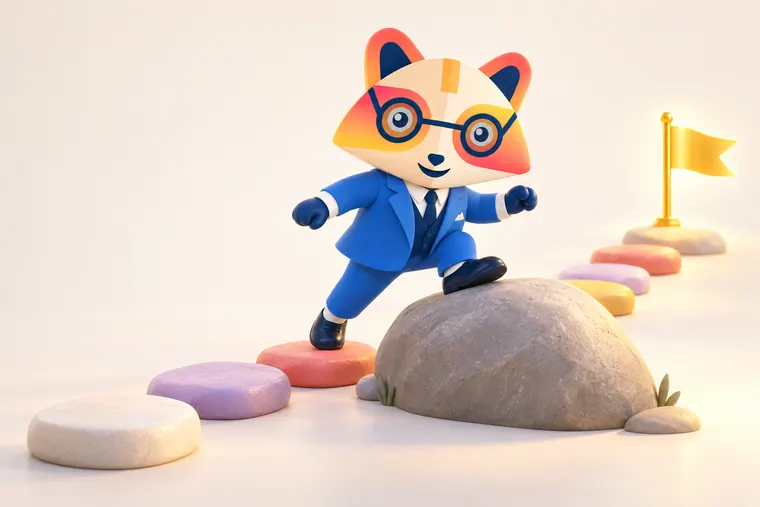 The Huru mascot stepping up onto a boulder on a path of colored stepping stones that leads to a small golden flag