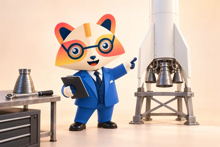 The Huru mascot holding a clipboard and pointing at the engines of a plain white model rocket on a test stand, next to a workbench with a torque wrench and a nozzle