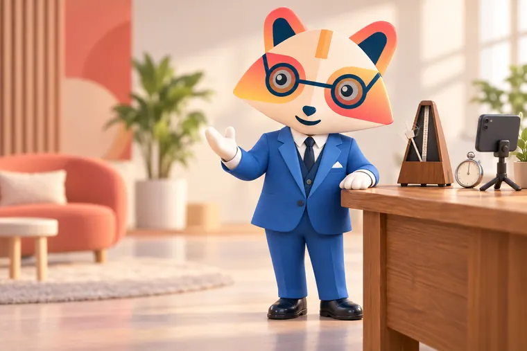 The Huru mascot speaking calmly next to a wooden metronome, a stopwatch and a phone recording on a small stand