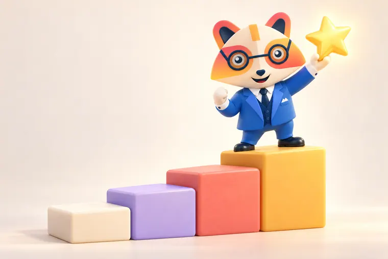 The Huru mascot standing on the top of four colored steps, holding up a golden star