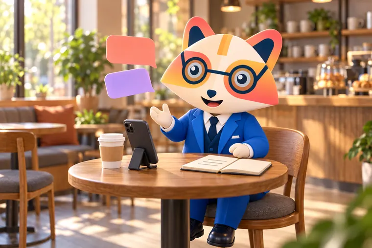 The Huru mascot rehearsing an interview answer out loud at a coffee shop table, recording itself on a phone