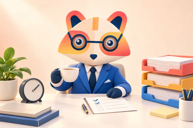 The Huru mascot sipping tea at a tidy desk, one hand on a checklist, with stacked paper trays, a clock and a plant around it