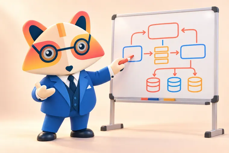 The Huru mascot drawing an architecture diagram on a whiteboard with boxes, a queue and three database cylinders, gesturing as it explains