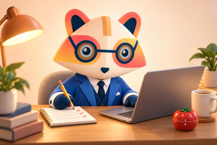 The Huru mascot at a home desk with an open laptop, a sand timer and a short checklist, pointing at the screen