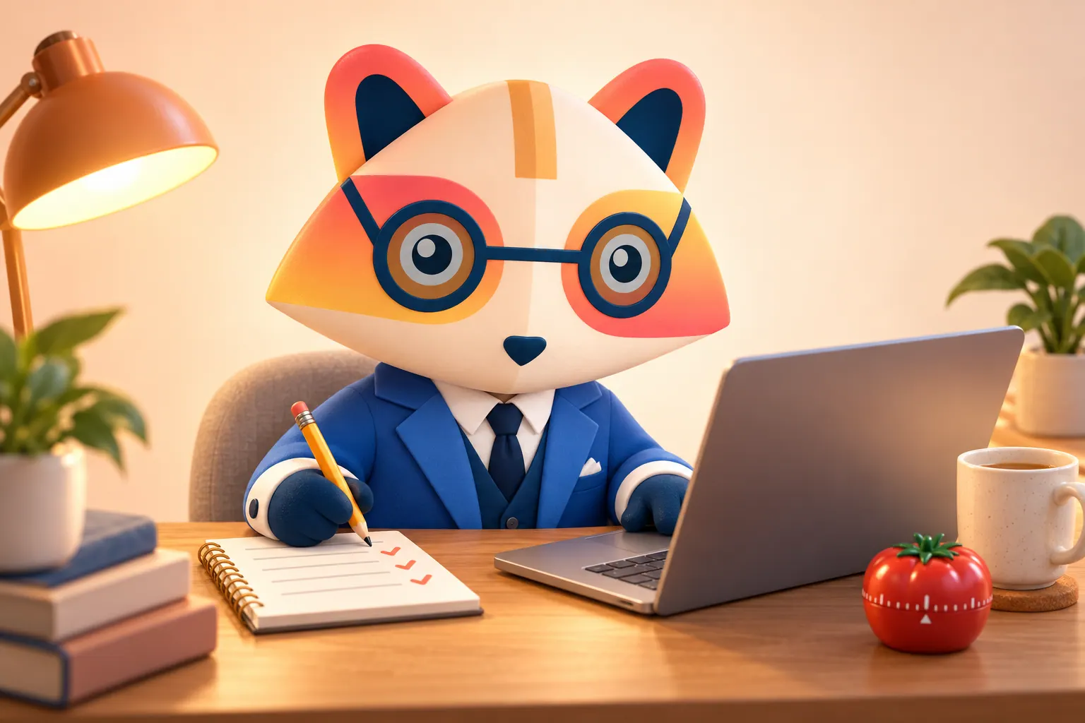 The Huru mascot at a home desk with an open laptop, a sand timer and a short checklist, pointing at the screen