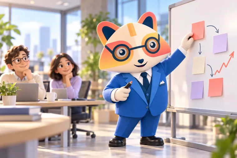 The Huru mascot adding a sticky note to a process flow on an office whiteboard while two coworkers look on