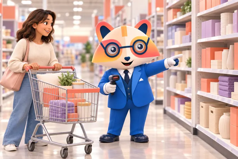 The Huru mascot helping a shopper in a store aisle, pointing the way while holding a handheld scanner