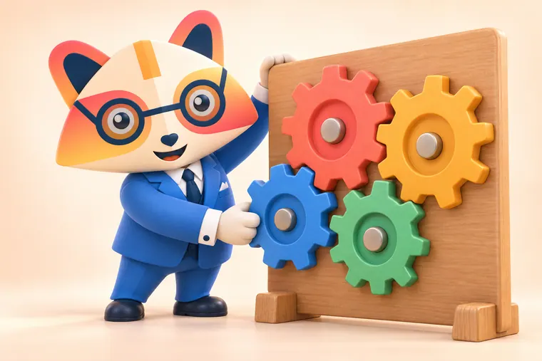 The Huru mascot fitting a blue gear into a wooden board so that coral, amber, blue and green gears all mesh together