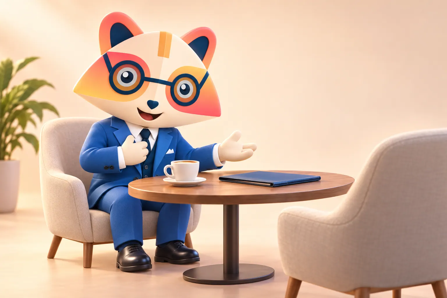 The Huru mascot in an armchair at a small round table, one hand on its chest and the other open, introducing itself to an empty chair