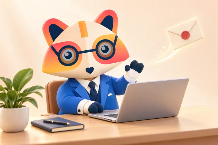 The Huru mascot waving at its laptop as a sealed cream envelope floats away, as if an email has just been sent