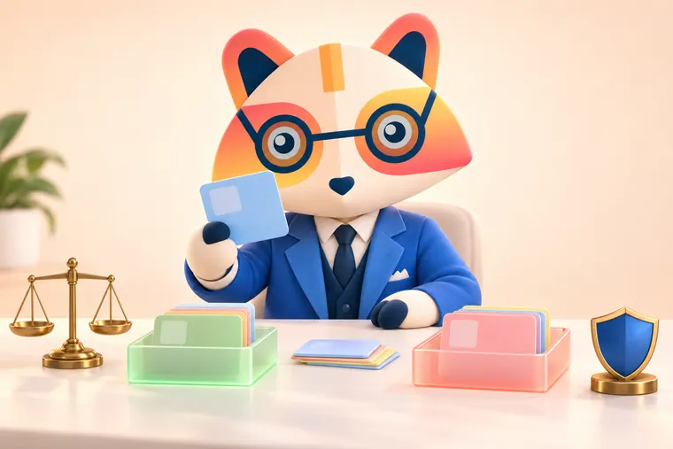 The Huru mascot at a desk holding up a blank card, sorting a stack into a green tray and a coral tray, with a balance scale and a shield beside them