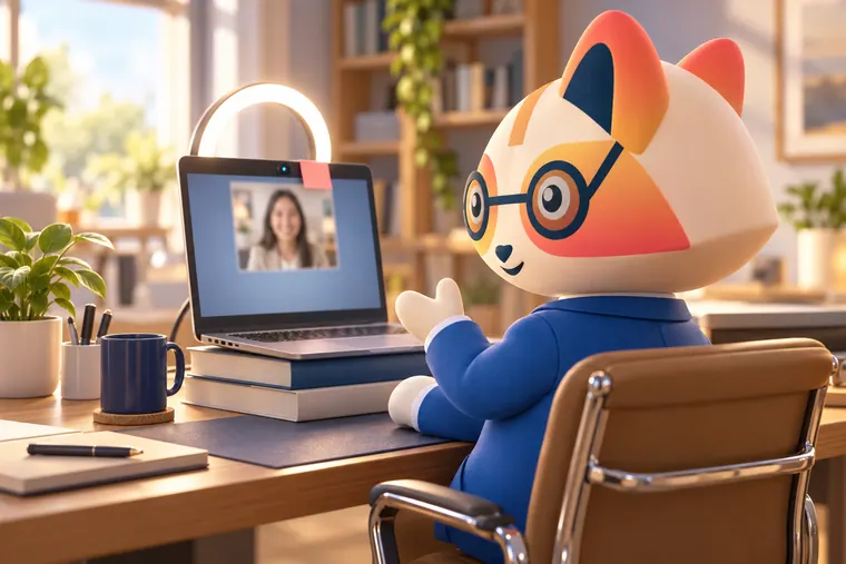 Over-the-shoulder view of the Huru mascot on a video call, laptop raised on books, the interviewer's window right under the webcam and a sticky note beside it