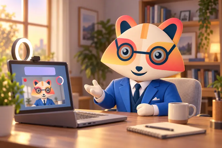 The Huru mascot recording a one-way video interview on a laptop, looking into the webcam with a timer ring on screen
