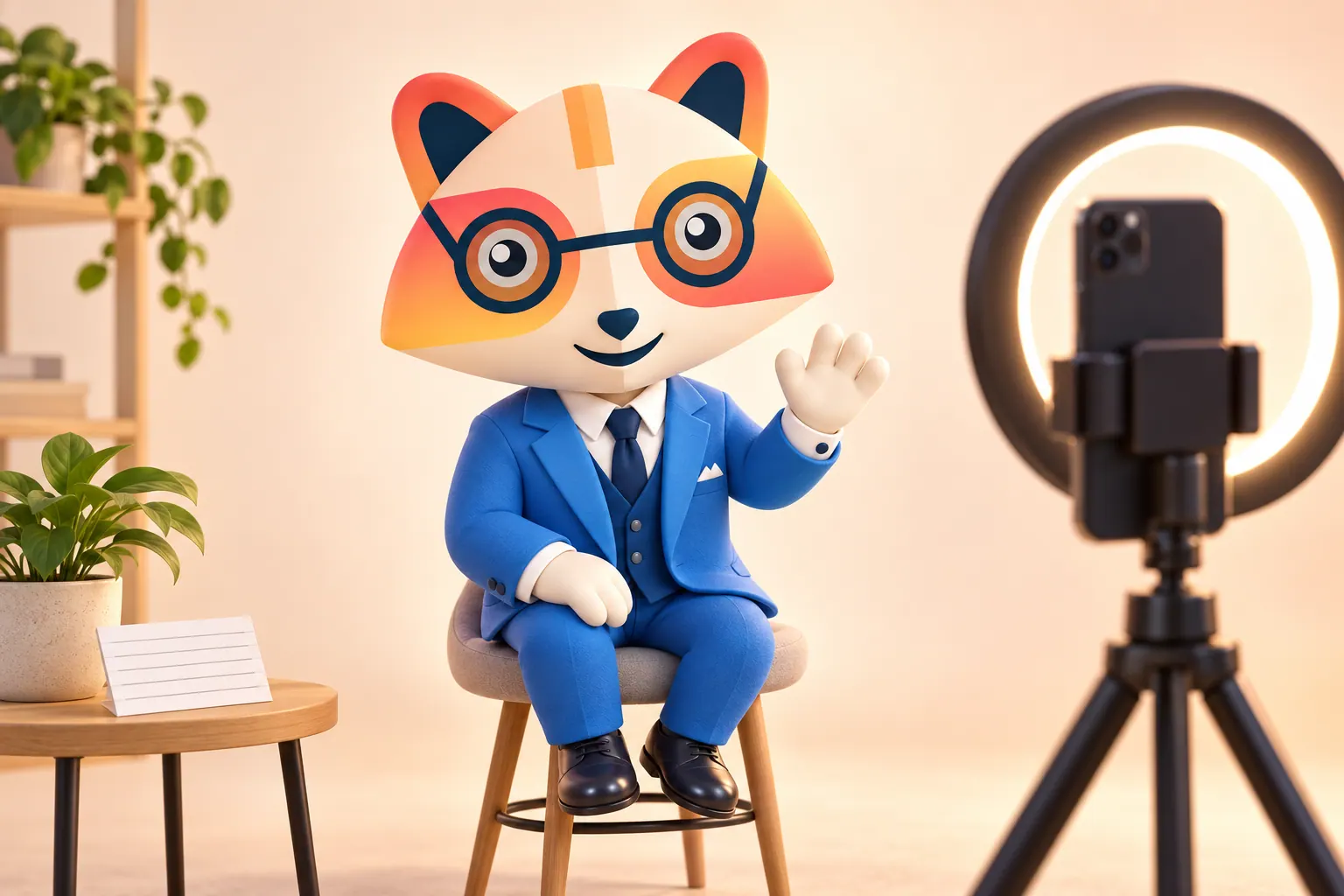 The Huru mascot sitting on a stool and waving at a smartphone on a tripod with a ring light, with a plant and a note card nearby