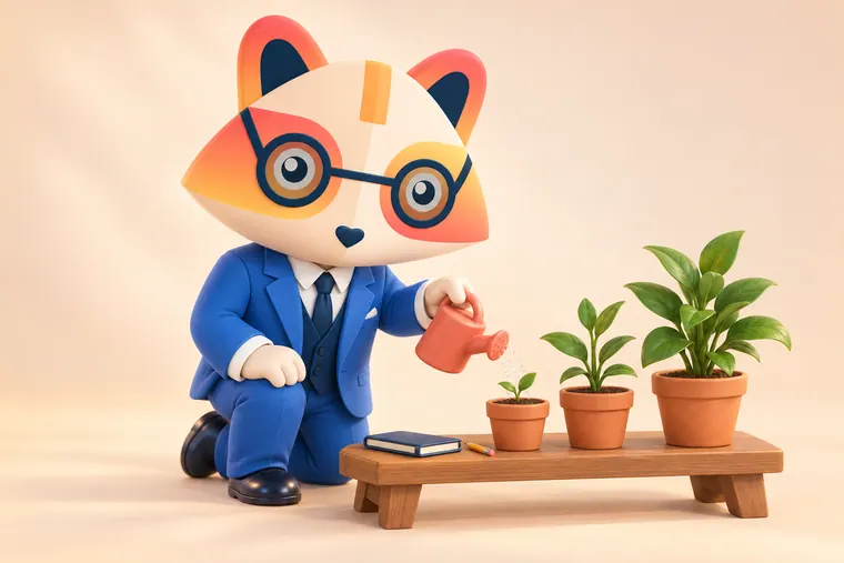 The Huru mascot kneeling by a bench, watering the smallest of three pots, with plants growing taller from left to right