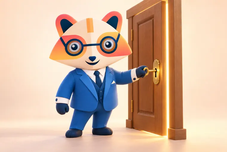 The Huru mascot turning a golden key in the lock of a small wooden door that is starting to glow open