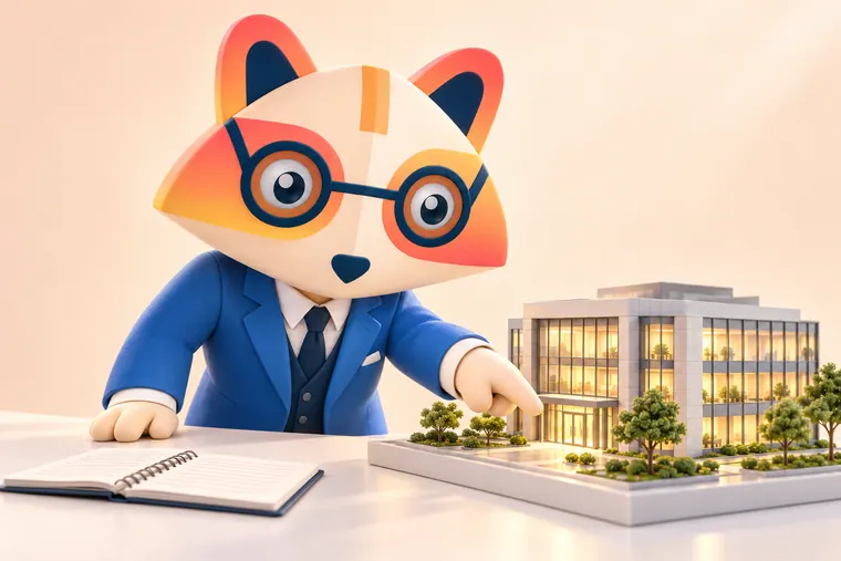 The Huru mascot leaning over a miniature office building model with lit windows, pointing at its entrance, with a notebook beside it