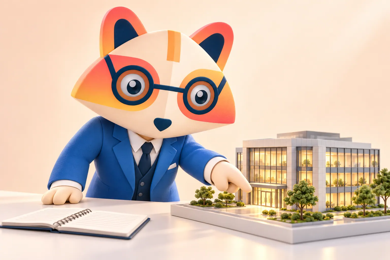 The Huru mascot leaning over a miniature office building model with lit windows, pointing at its entrance, with a notebook beside it