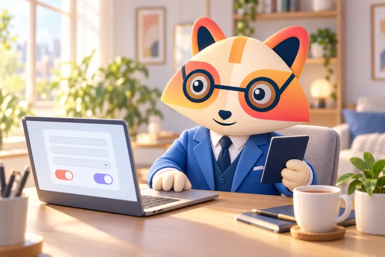 The Huru mascot at a laptop filling in an online form with two toggle switches, holding a closed passport-style booklet