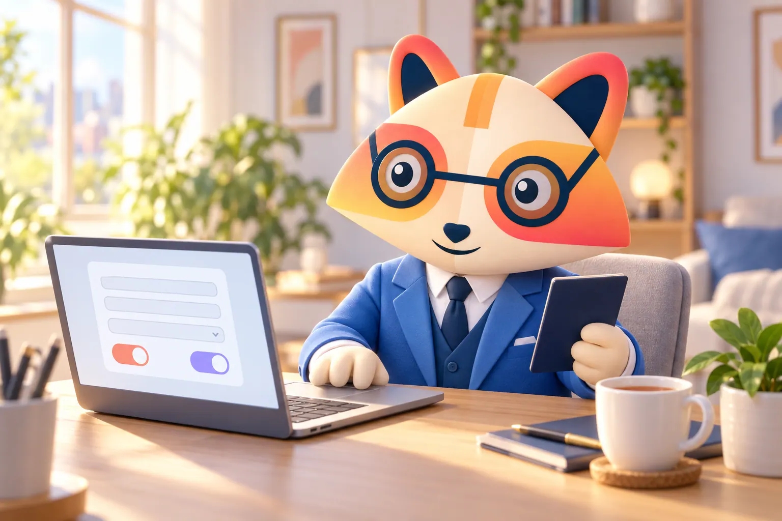 The Huru mascot at a laptop filling in an online form with two toggle switches, holding a closed passport-style booklet