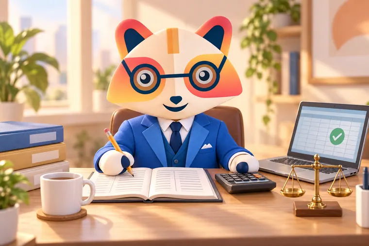 The Huru mascot writing in a ledger with balanced columns at a desk with a calculator, a laptop spreadsheet with a green check mark, a level brass balance scale and stacked folders