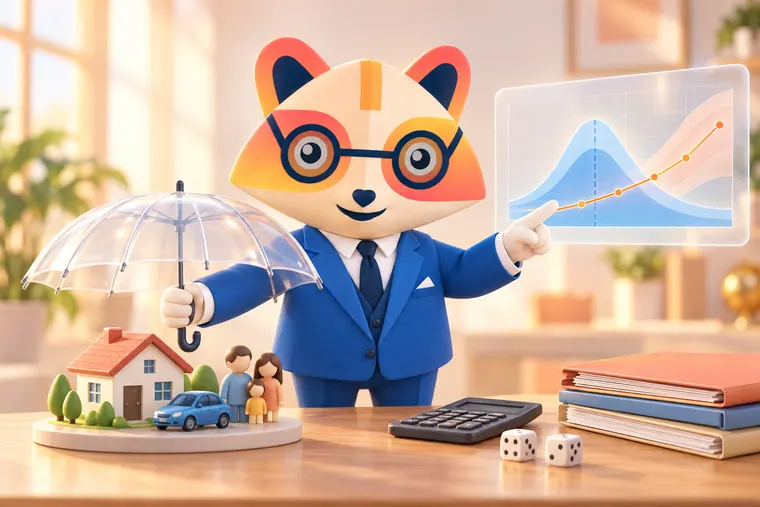 The Huru mascot holding a clear umbrella over a model house, car and family while pointing at a floating chart with a bell curve and a rising line with uncertainty bands, beside a calculator, dice and folders
