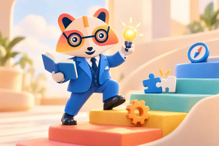 The Huru mascot climbing colorful curved steps with an open book in one hand and a glowing lightbulb in the other, past a gear, two puzzle pieces clicking together and a compass