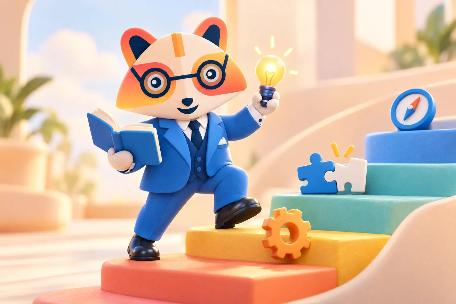 The Huru mascot climbing colorful curved steps with an open book in one hand and a glowing lightbulb in the other, past a gear, two puzzle pieces clicking together and a compass