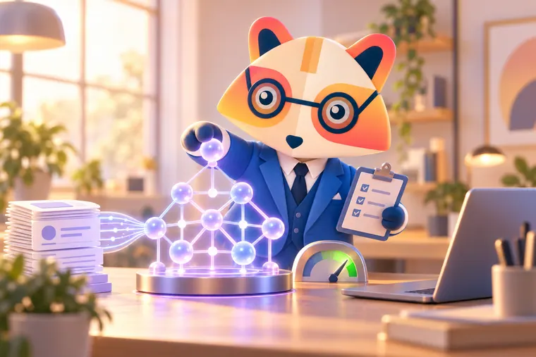 The Huru mascot placing the last glowing node on a translucent neural network sculpture fed by a stack of document cards, holding a checklist, next to a gauge in the green and a laptop