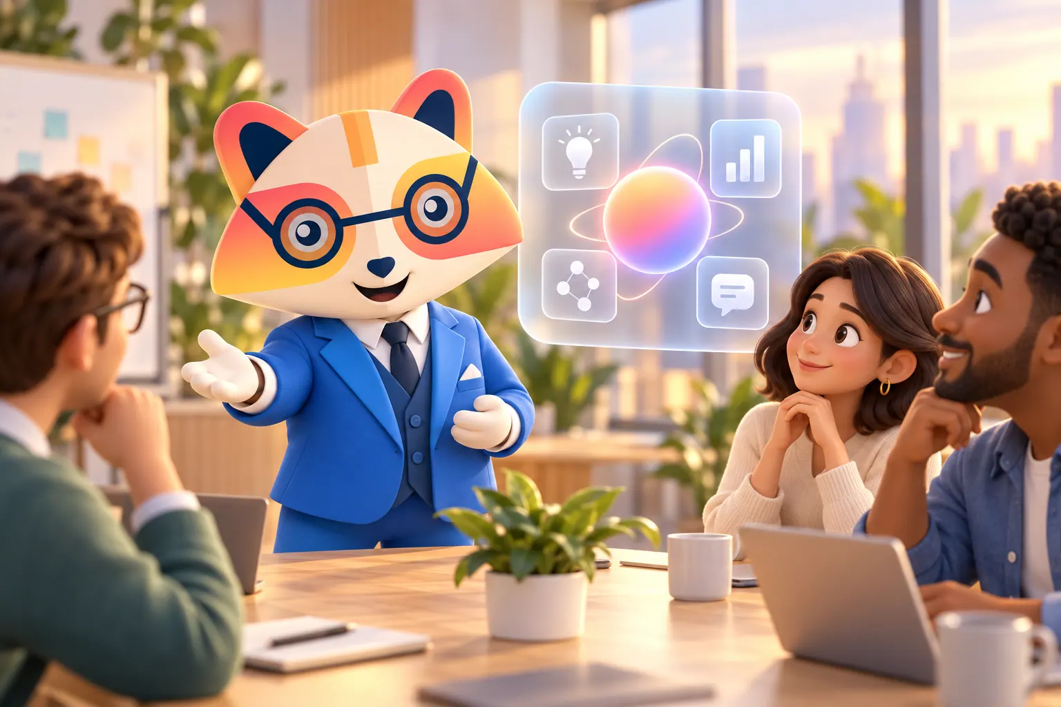 The Huru mascot in a blue suit leading a team meeting beside a floating frosted-glass panel of AI icons, while three colleagues listen around the table