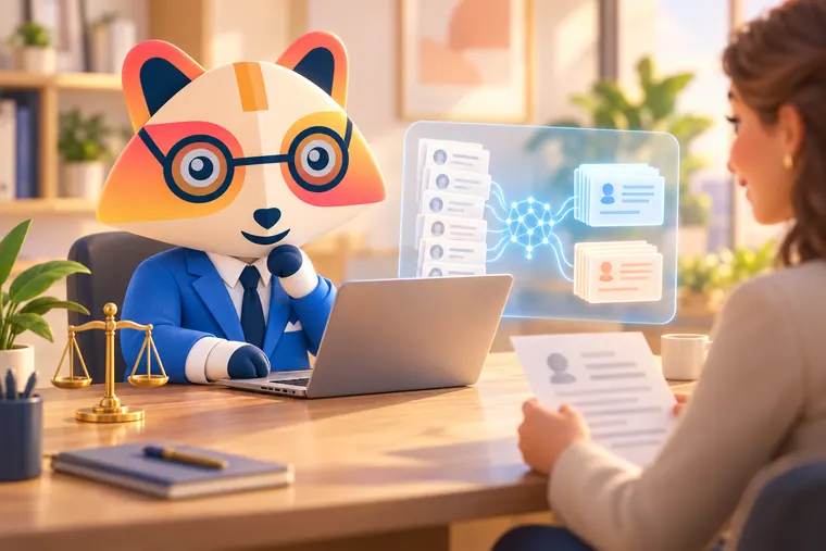 The Huru mascot at a laptop beside a floating panel where a neural network sorts resume cards into two piles, with a recruiter across the desk holding a printed resume and a small balance scale on the table