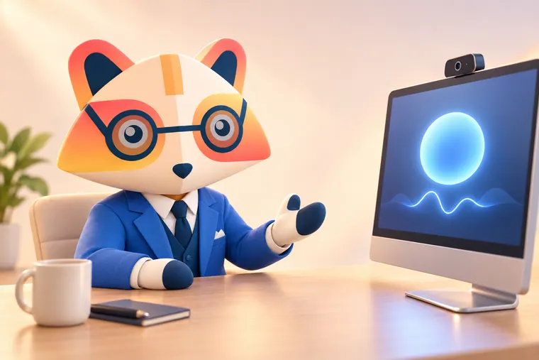 The Huru mascot at a desk answering a question, facing a monitor that shows a glowing blue AI avatar with a waveform and a webcam on top