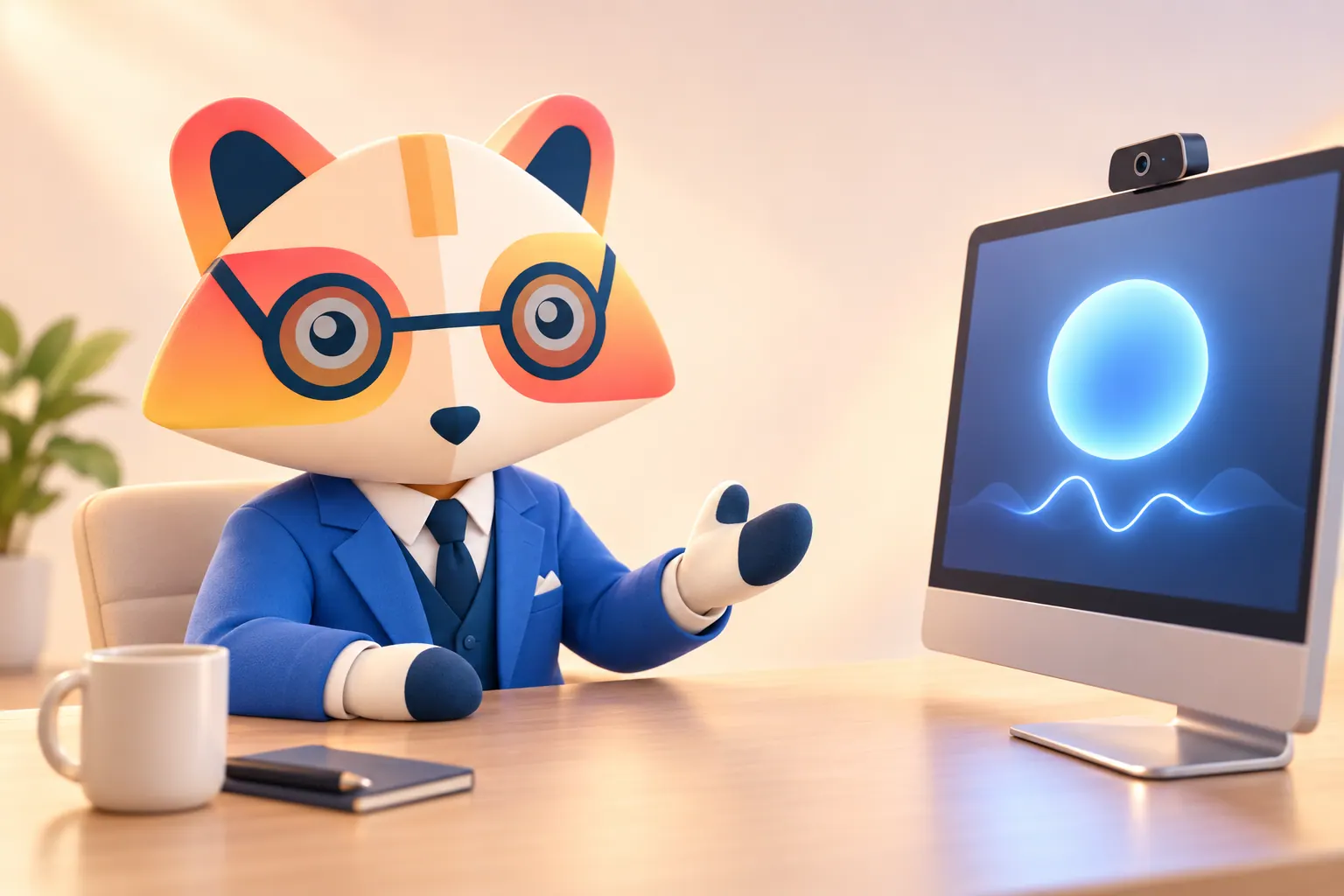The Huru mascot at a desk answering a question, facing a monitor that shows a glowing blue AI avatar with a waveform and a webcam on top