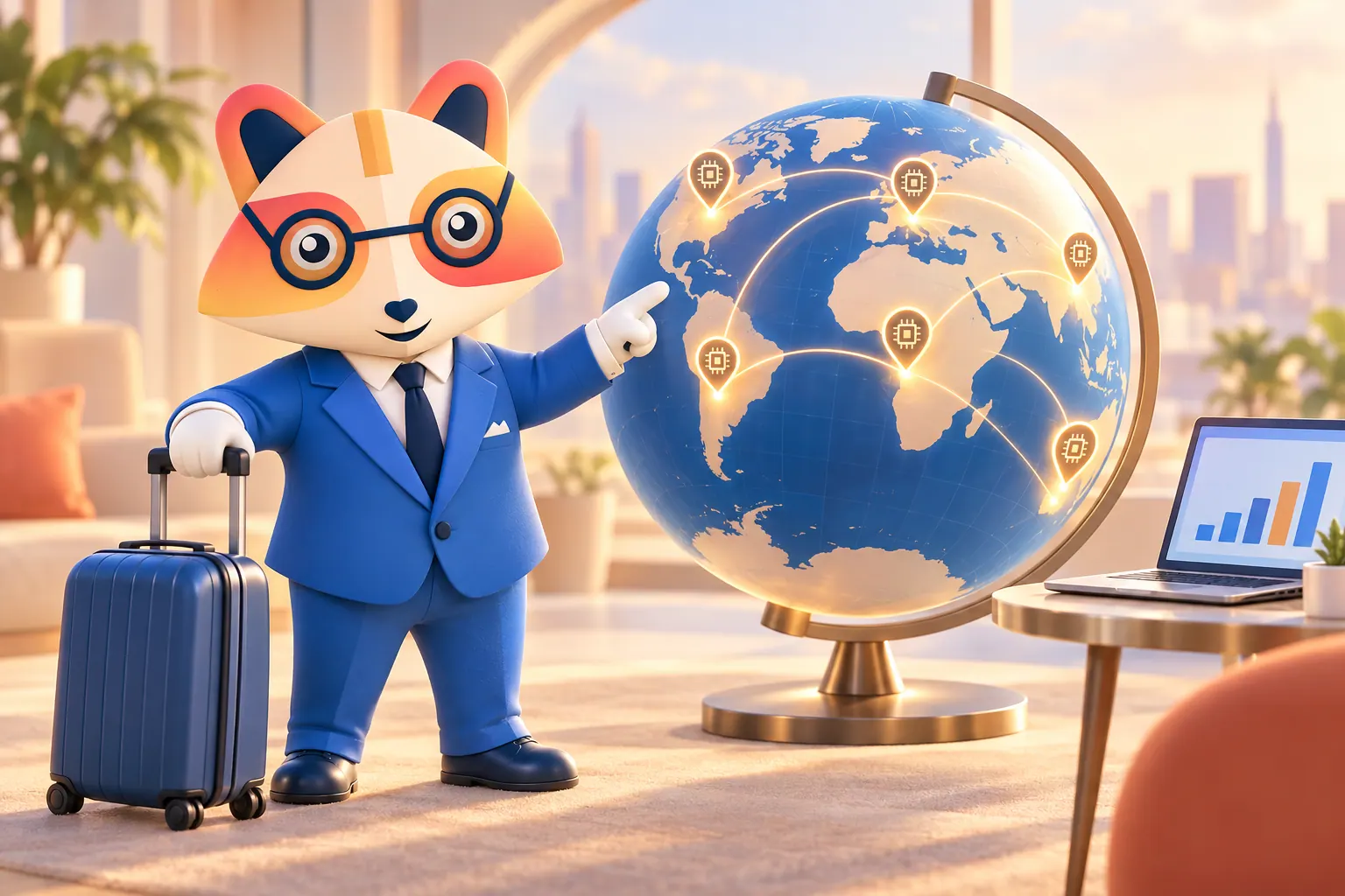The Huru mascot with a rolling suitcase pointing at a large glowing globe with chip-icon pins connected by arcs of light, beside a laptop showing a bar chart