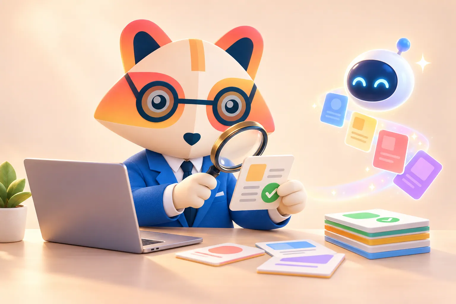 The Huru mascot at a laptop inspecting a document card with a magnifying glass and a green check mark, while a friendly AI assistant robot sends colorful cards and a stack of approved cards sits on the desk
