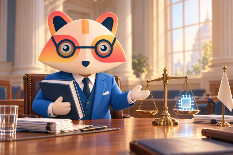 The Huru mascot holding a bound policy document in a classical meeting room, gesturing toward a glowing AI chip resting on a brass balance scale, with briefing papers and a plain flag on the table