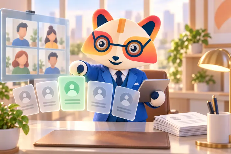 The Huru mascot, dressed as a recruiter, picks a glowing green candidate card from a row of frosted-glass profile cards, with a grid of video interview tiles on a screen behind it