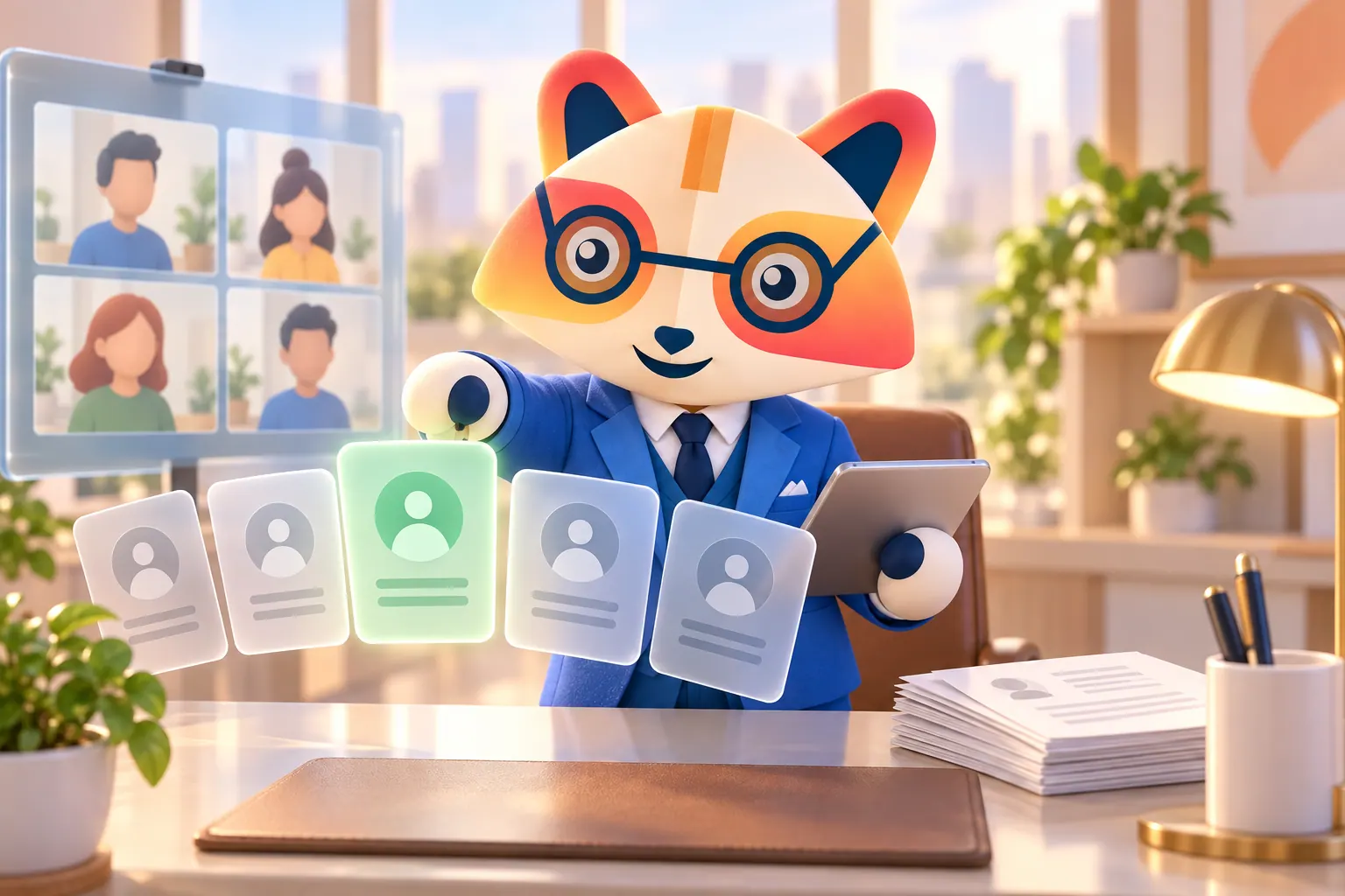 The Huru mascot, dressed as a recruiter, picks a glowing green candidate card from a row of frosted-glass profile cards, with a grid of video interview tiles on a screen behind it