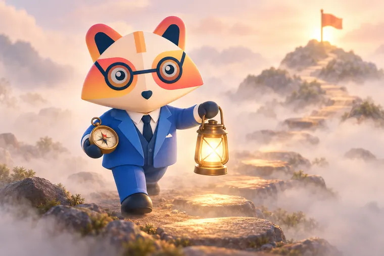 The Huru mascot walking calmly along a misty path holding a glowing lantern that lights the next stepping stones and a compass, with a flag on a hill visible through the fog
