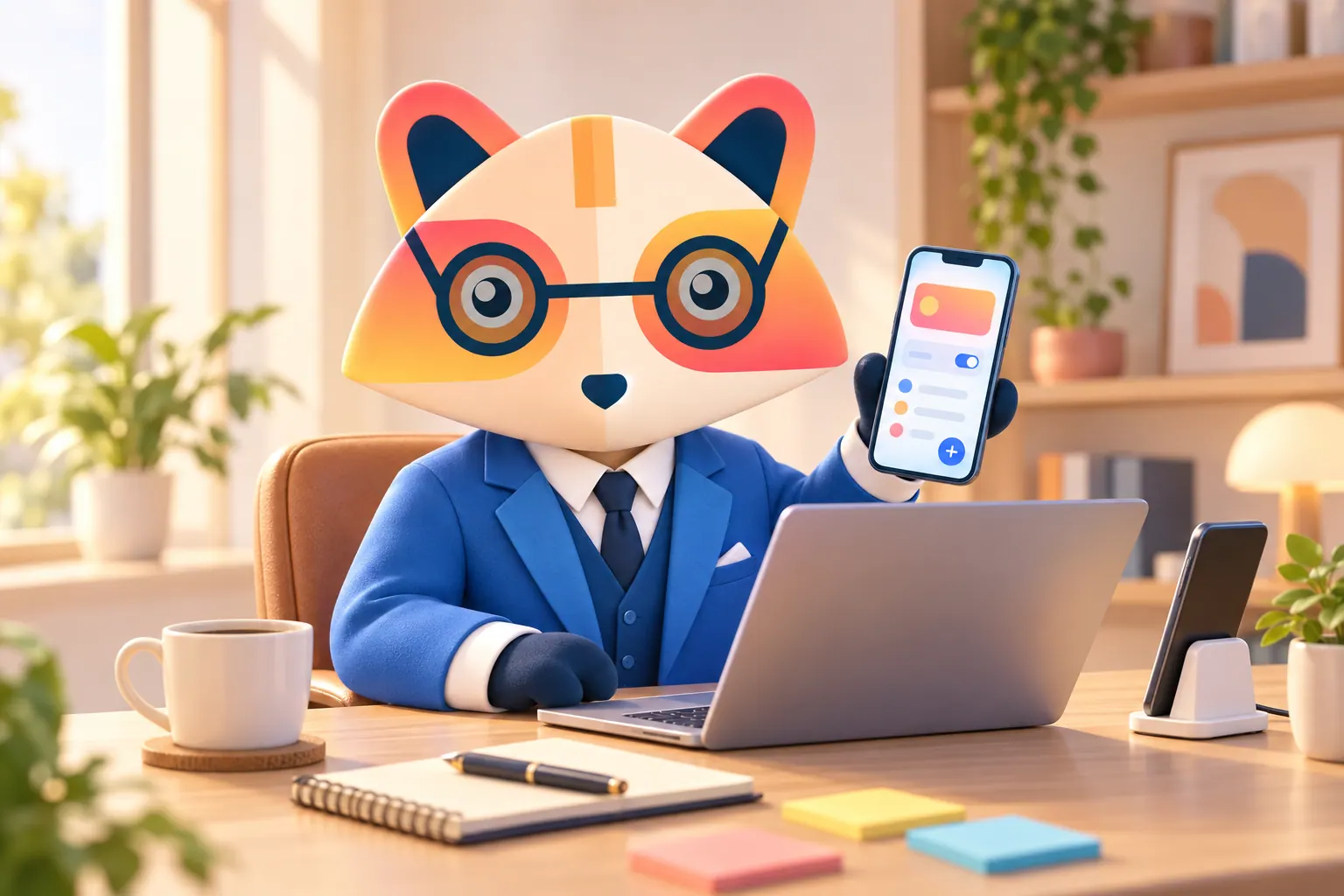 The Huru mascot at a desk holding up a smartphone showing an app with cards, a toggle and a round add button, next to a laptop with a code editor and phone preview, a phone on a charging stand and a coffee cup