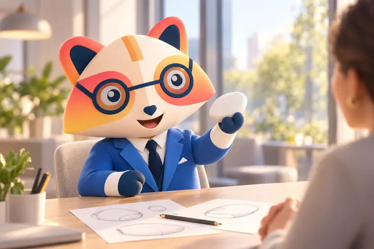 The Huru mascot at a light wood table in a bright office holding up a smooth white pebble-shaped prototype, with pencil sketches of rounded shapes on the table and an interviewer across from it