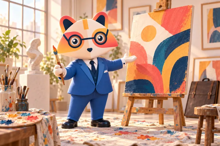 The Huru mascot holding a paintbrush and gesturing toward a large colorful abstract painting on an easel in a bright studio with a palette, brushes, a sculpture and framed artworks
