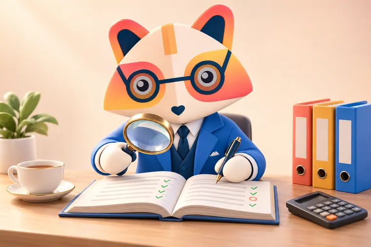 The Huru mascot examining a ledger with a magnifying glass, marking tick marks with a pen, beside a calculator and three binders