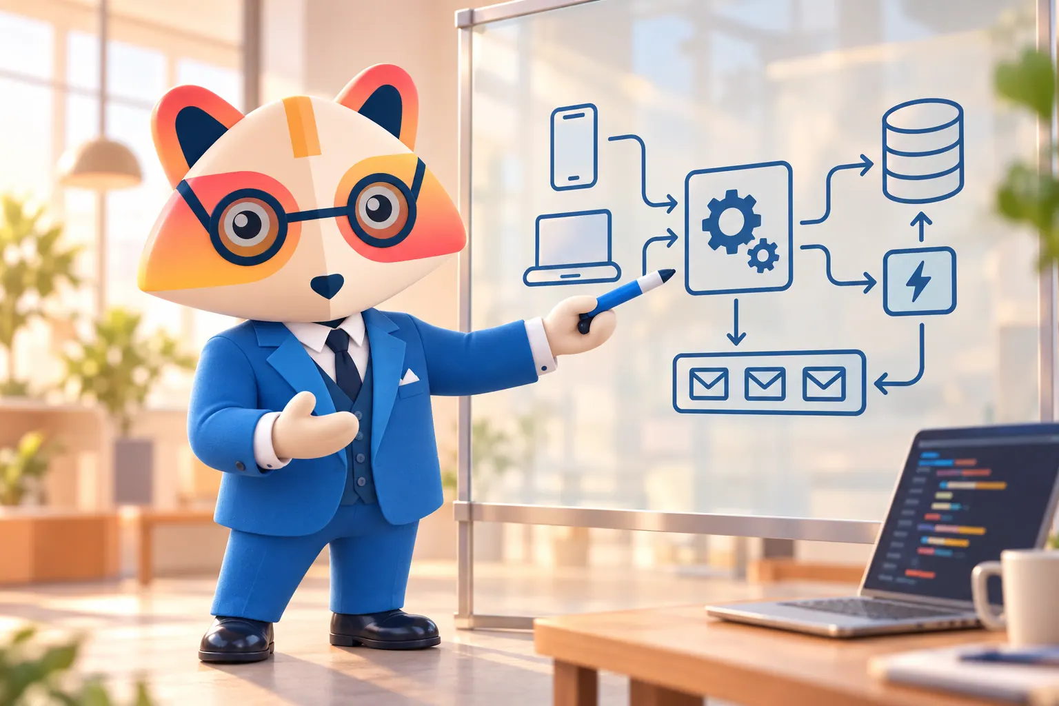 The Huru mascot drawing an architecture diagram on a glass board, with phone and laptop icons connected to a server with gears, a database, a cache and a message queue, next to a laptop of code