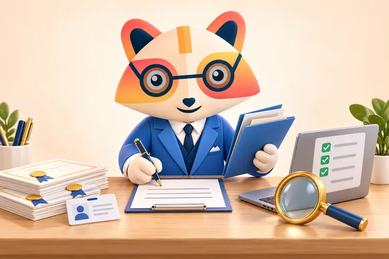The Huru mascot at a desk signing a form and holding an organized folder, with certificates, an ID card, a laptop checklist of green ticks and a magnifying glass