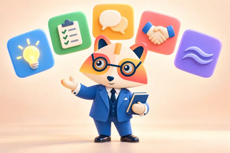 The Huru mascot holding a notebook and gesturing at five floating colored tiles with a lightbulb, a checklist, speech bubbles, a handshake and a calm wave