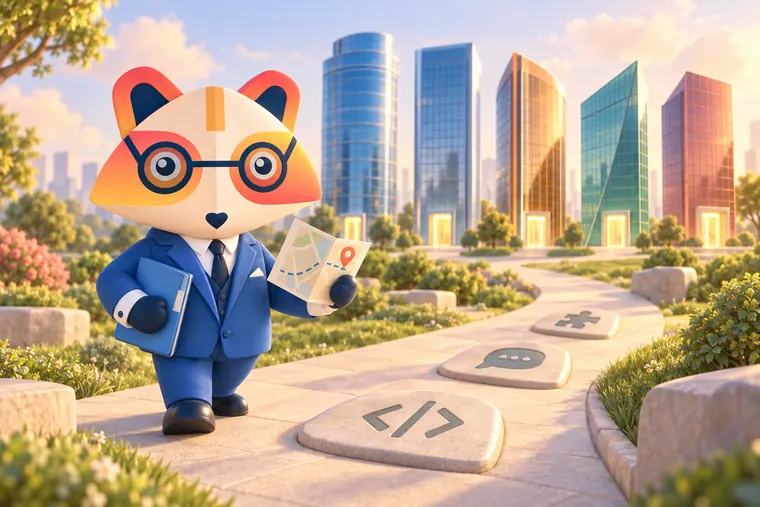 The Huru mascot holding a folder and a map on a garden path with stepping stones showing a code bracket, a speech bubble and a puzzle piece, leading to five colorful glass office towers